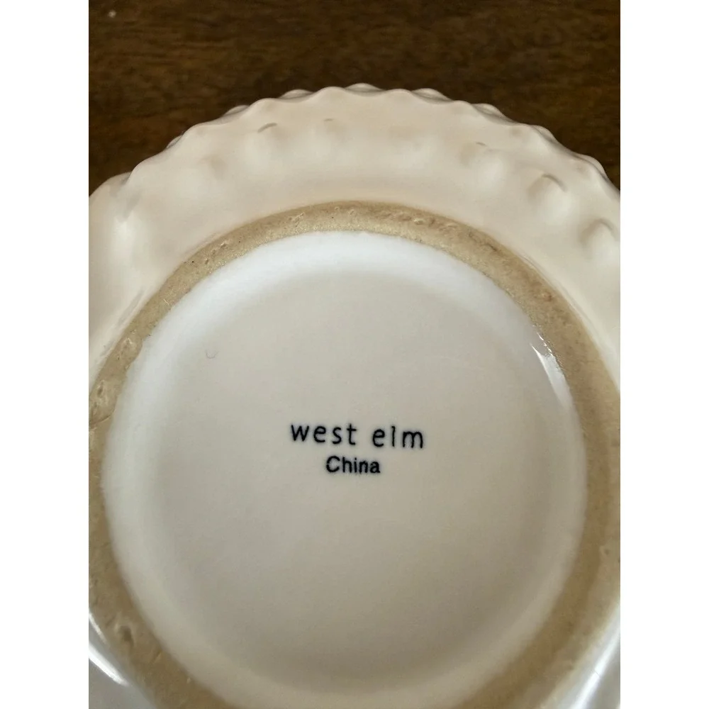 West‎ Elm PAIR (2) White Embossed Ceramic Owl Mugs and Saucers RARE
